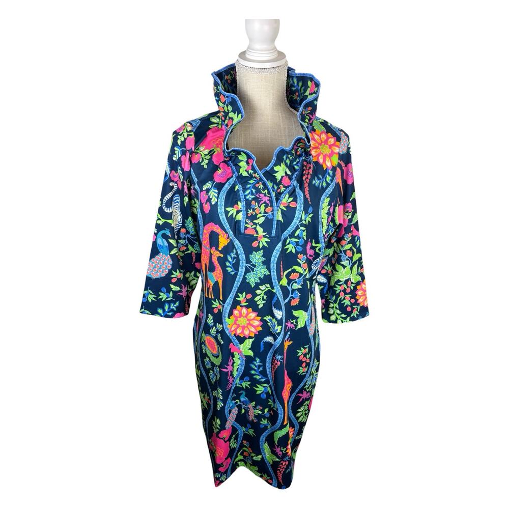 NWT Gretchen Scott Ruffleneck 3/4 Sleeve Dress Women's Large Giraffe Print Blue - Picture 3 of 10